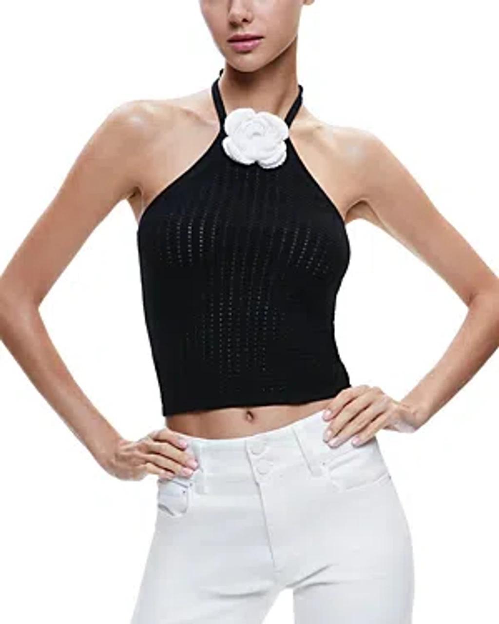 ALICE AND OLIVIA Bessie Rosette Wool Blend Halter Top Sweater In Black Product Image