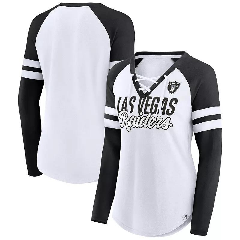 Womens Fanatics Branded White Las Vegas Raiders Plus Size True to Form Lace-Up V-Neck Raglan Long Sleeve T-Shirt Product Image