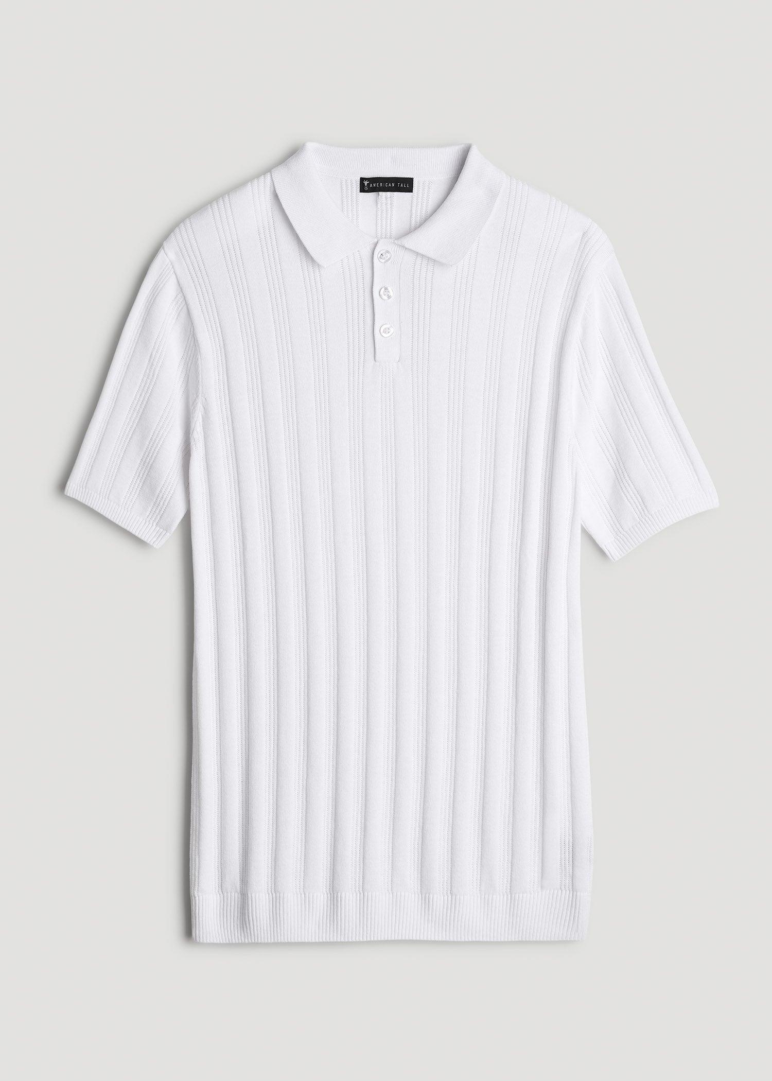 Ribbed Textured Knit Tall Men's Polo Shirt in White Product Image