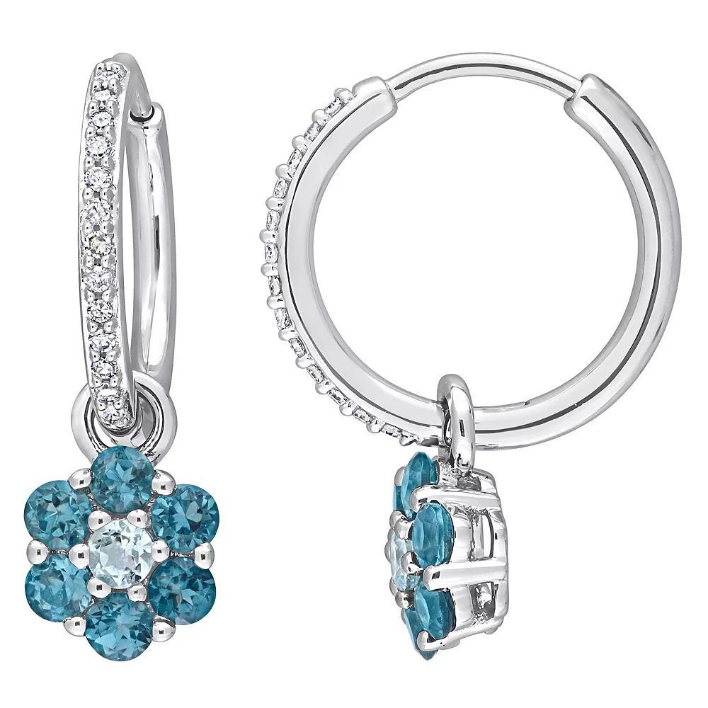 Stella Grace 10k White Gold Blue Topaz & 1/8 Carat T.W. Diamond Floral Huggie Earrings, Women's, 10k Whgold Product Image