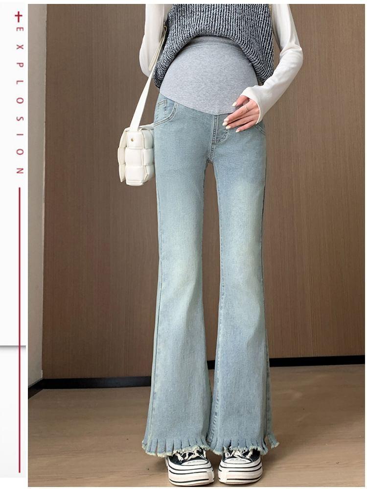Maternity Elastic Waist Fray Flared Jeans Product Image