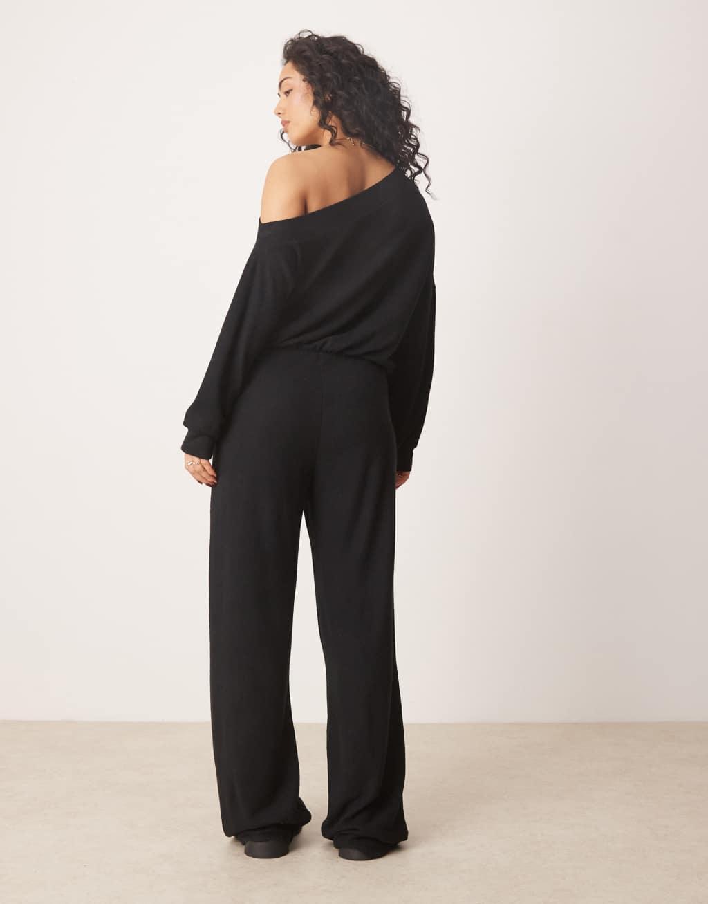 ASOS DESIGN off shoulder jumpsuit super soft in black Product Image