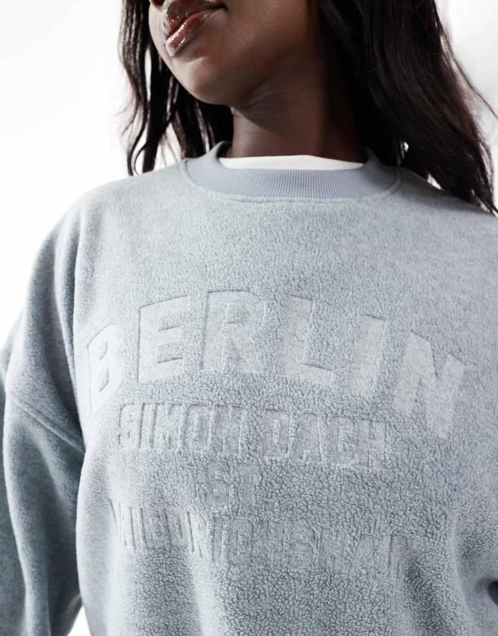 ASOS DESIGN Curve embossed berlin graphic borg sweatshirt in gray heather Product Image