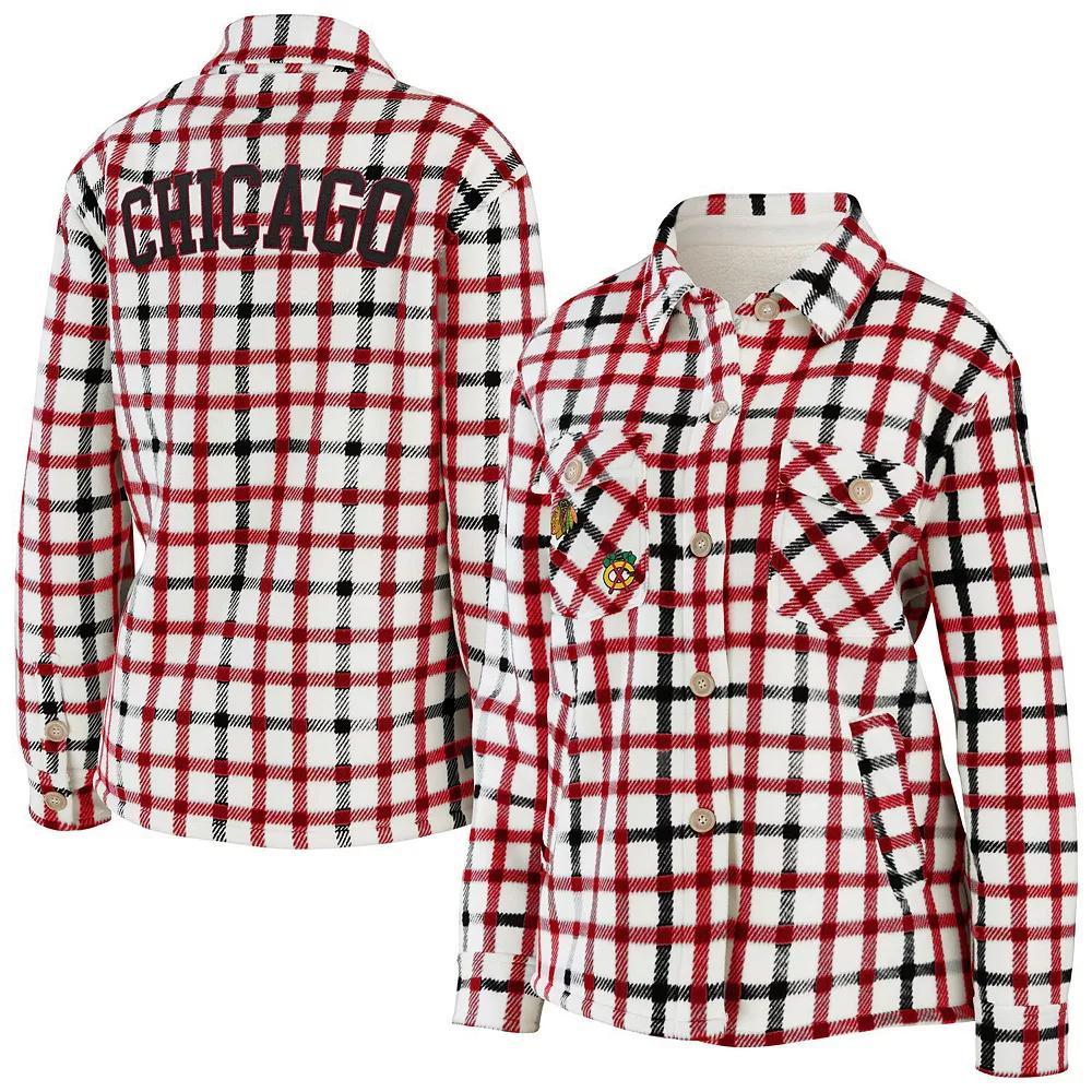 Women's WEAR by Erin Andrews Oatmeal Chicago Blackhawks Plaid Button-Up Shirt Jacket, Size: 2XL, Team Product Image