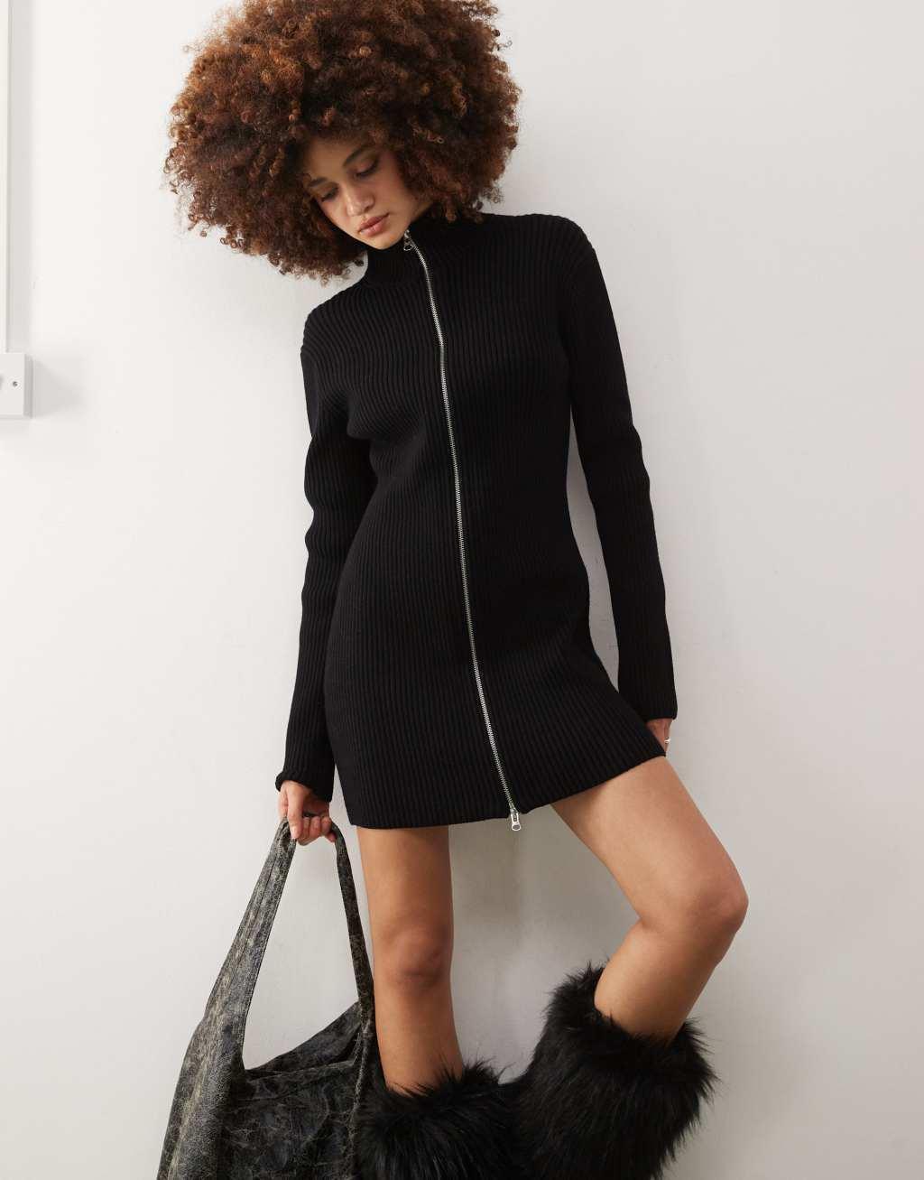 Weekday Laila high neck rib knitted mini dress with two-way zip in black Product Image