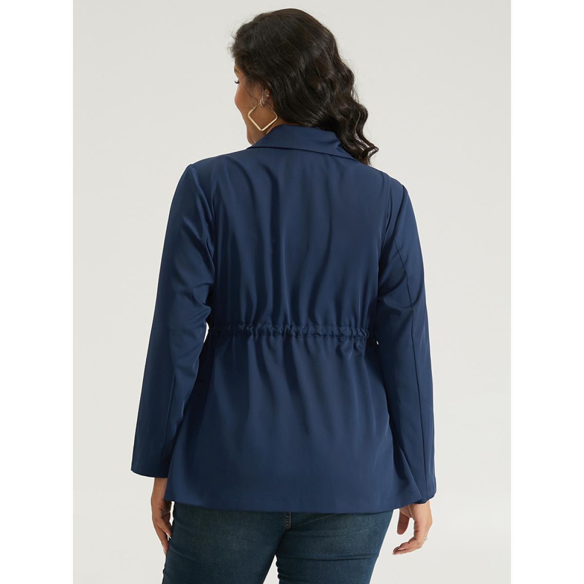 Plus Size Button Up Drawstring Pocket Blazer Indigo Women Office Plain Plain Sleeve Long Sleeve Lapel Collar 26/4X Pocket At the Office Blazers BloomChic Product Image