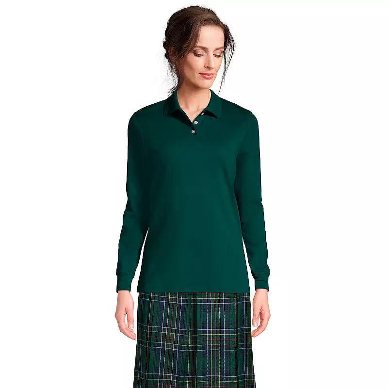 Women's Lands' End School Uniform Long Sleeve 3-Button Interlock Polo Shirt, Size: Medium, White Product Image