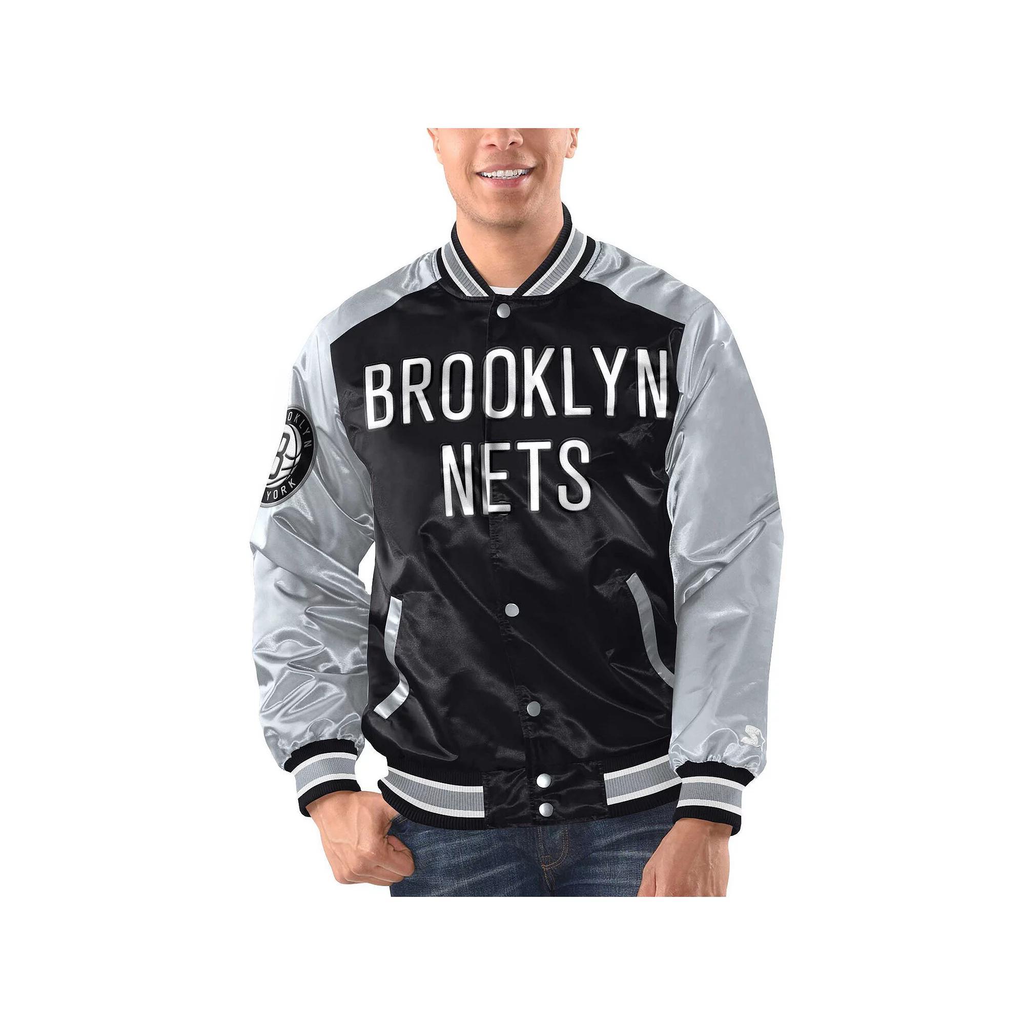 Men's Starter Black/Silver Brooklyn Nets Renegade Satin Full-Snap Varsity Jacket, Size: Medium Product Image