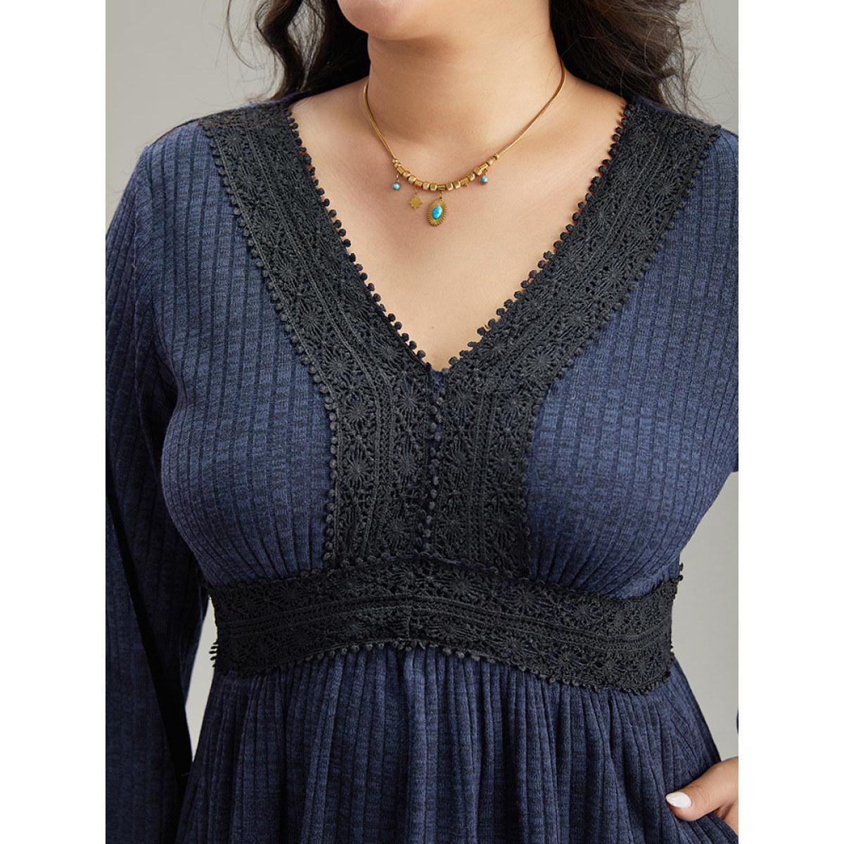 Plus Size Rib Knit Lace Panel Contrast Pocket Dress DarkBlue Women Casual Elastic cuffs V-neck Long Sleeve Curvy Midi Dress BloomChic 30/6X Product Image