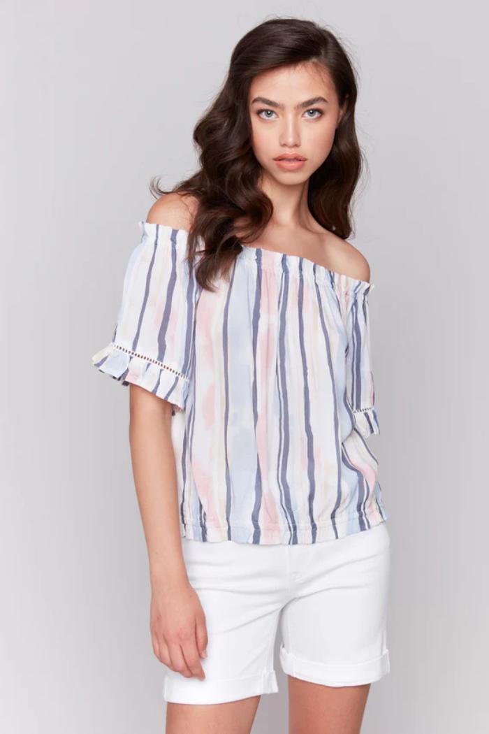 Printed Short Sleeve Peasant Blouse Product Image