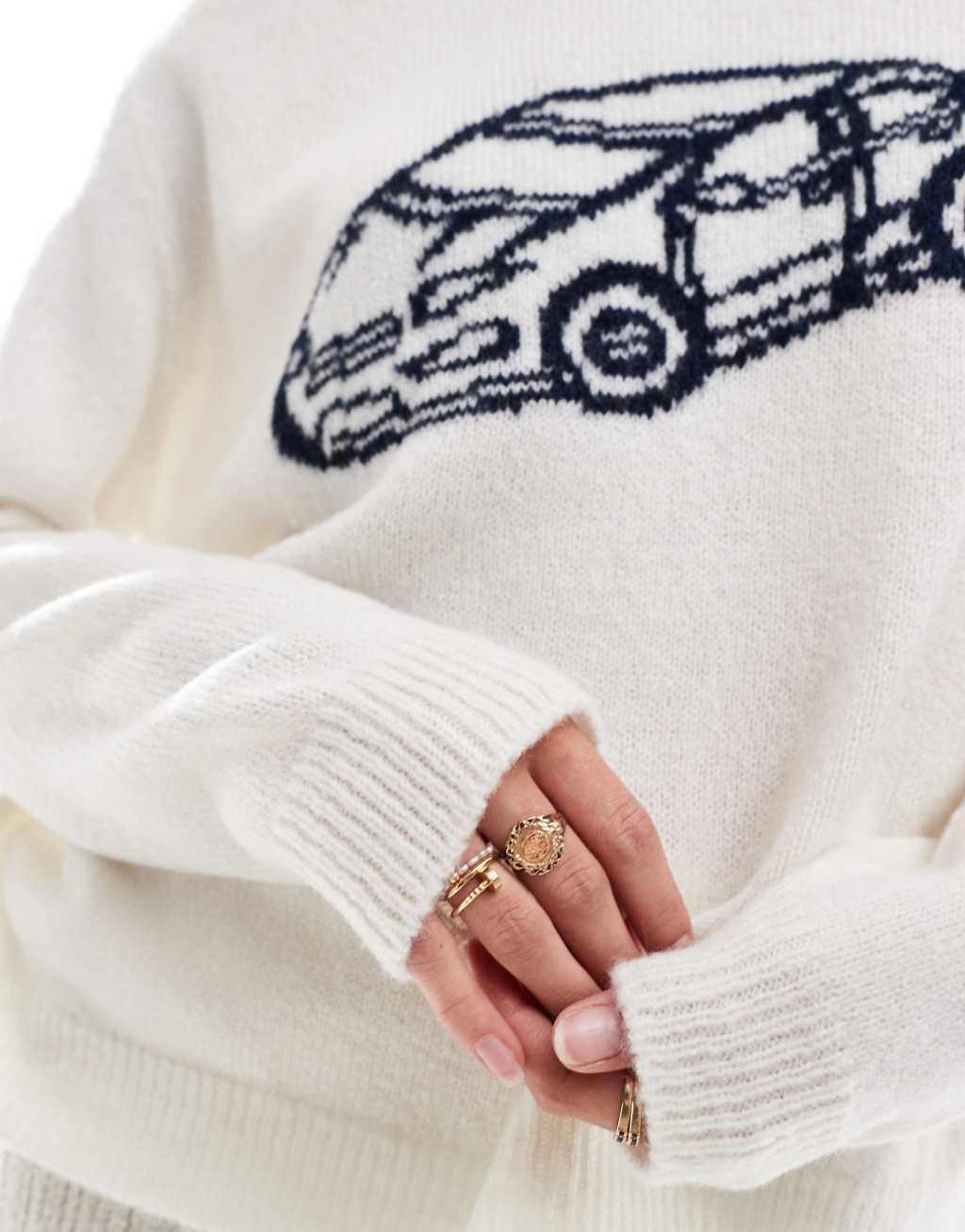 ASOS DESIGN knitted sweater with car graphic in ecru Product Image