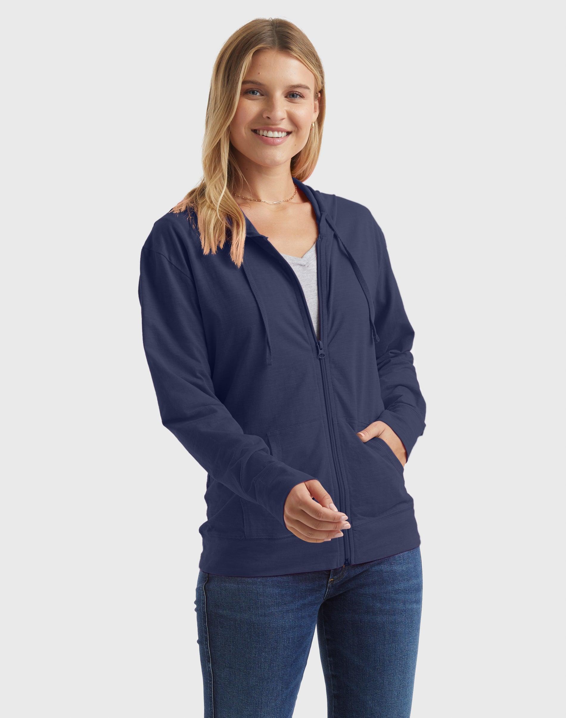 Women's Hanes® Slub Jersey Full Zip Hooded Sweatshirt, Size: Medium, Blue Product Image