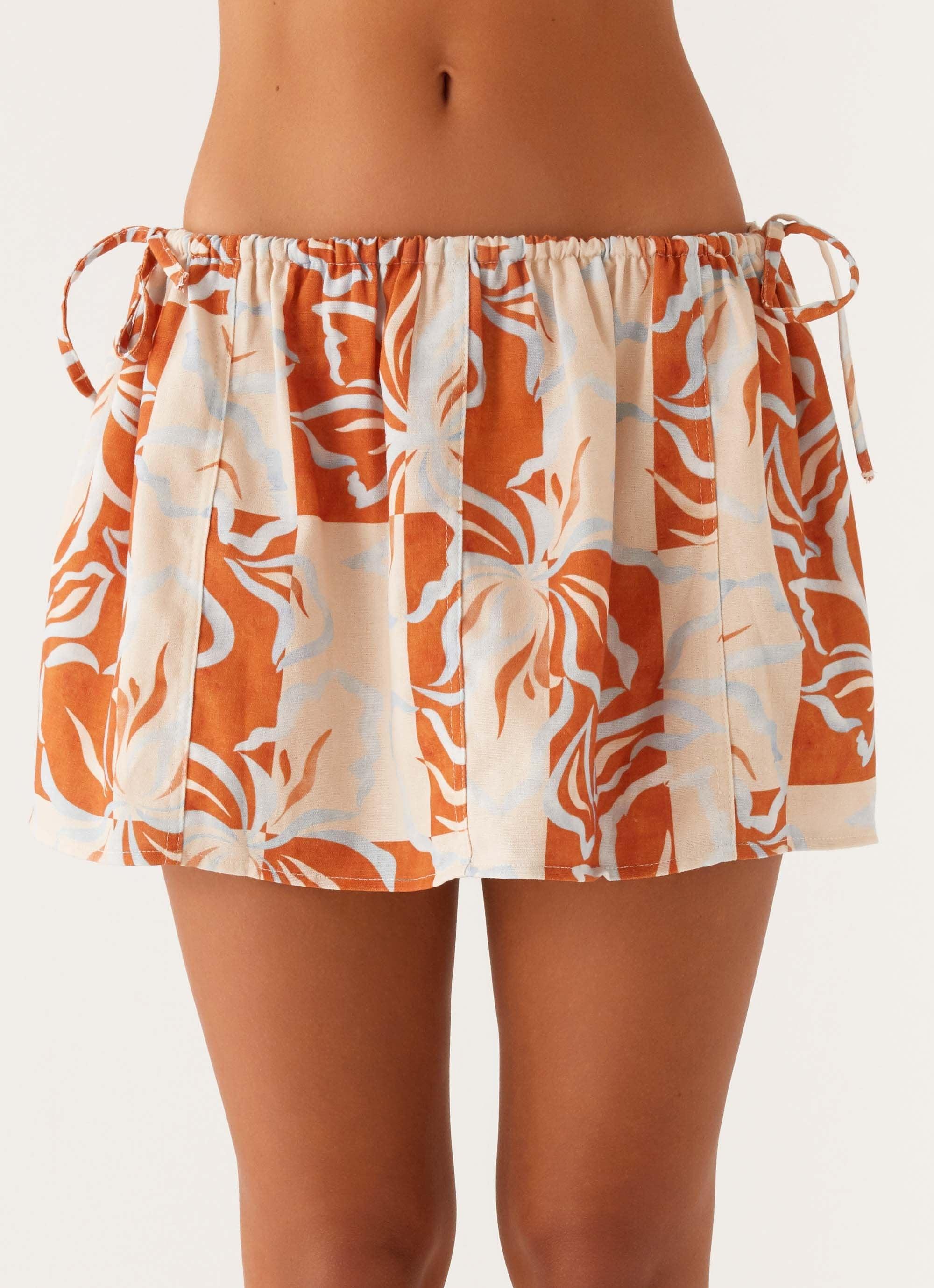 Athena Drawstring Mini Skirt - Orange Blue Floral Product Image