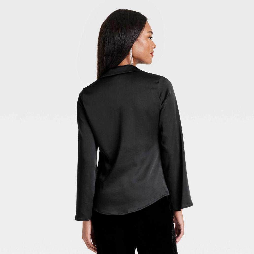 Womens Long Sleeve Satin Tie Blouse - A New Day Black XS Product Image