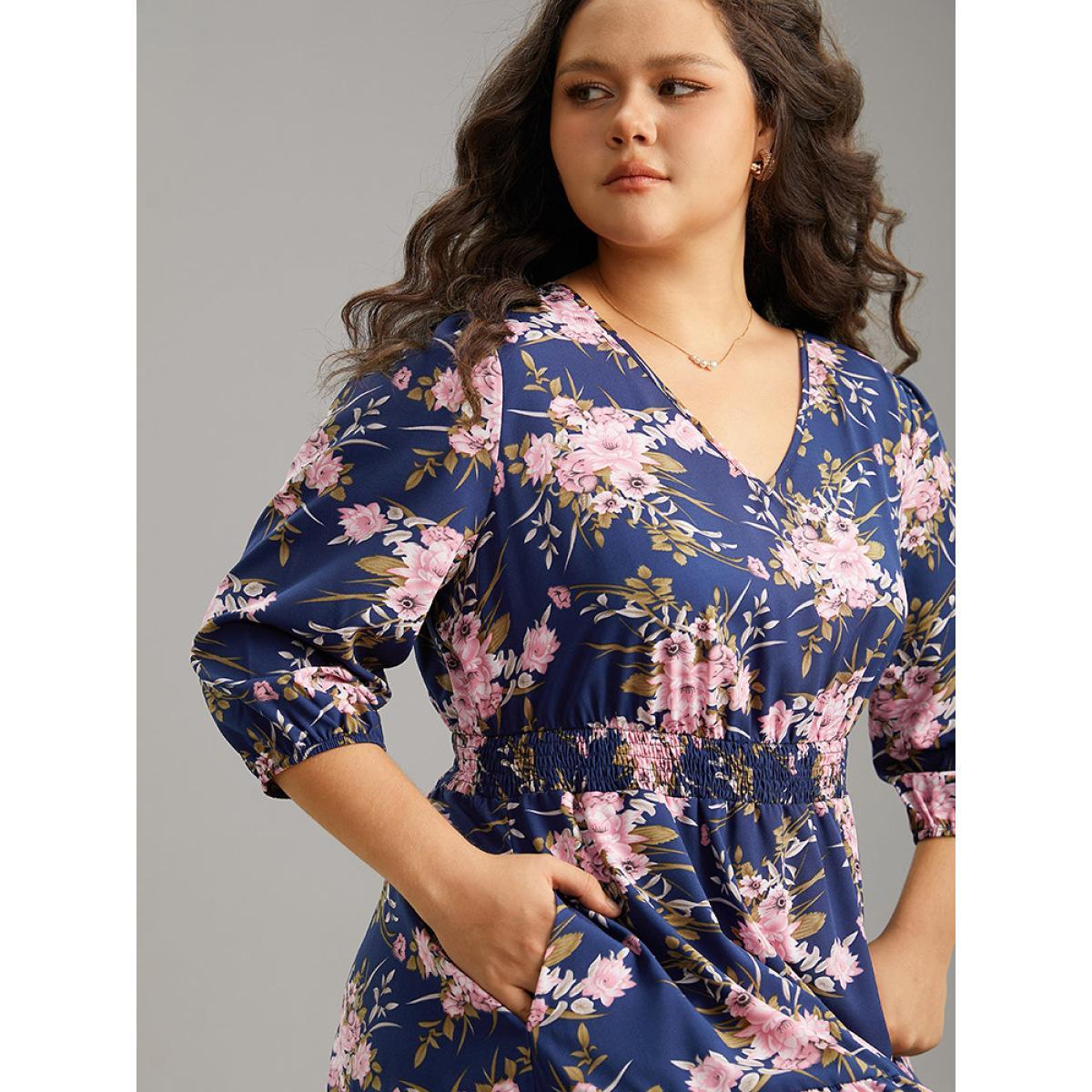 Plus Size Floral Print Shirred Elastic Cuffs Dress DarkBlue Women Elegant Pocket V-neck Elbow-length sleeve Curvy Midi Dress BloomChic 12/L Product Image