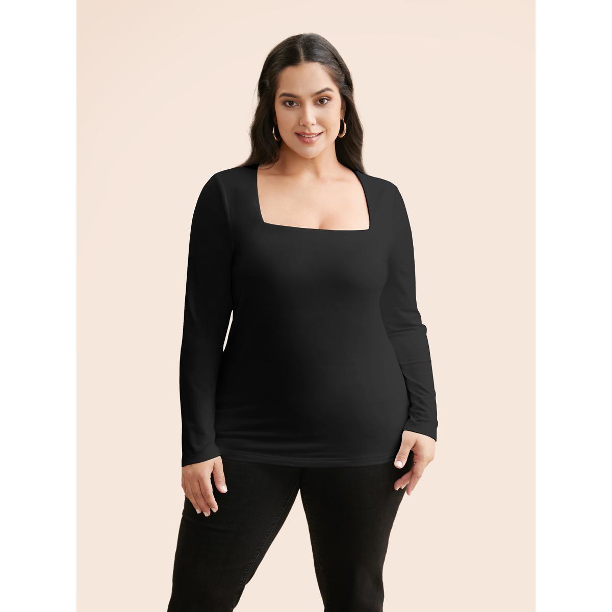 Plus Size Supersoft Essentials Solid Square Neck T-shirt Black Women Casual Non Square Neck Skinny Everyday T-shirts BloomChic 18-20/2X Product Image