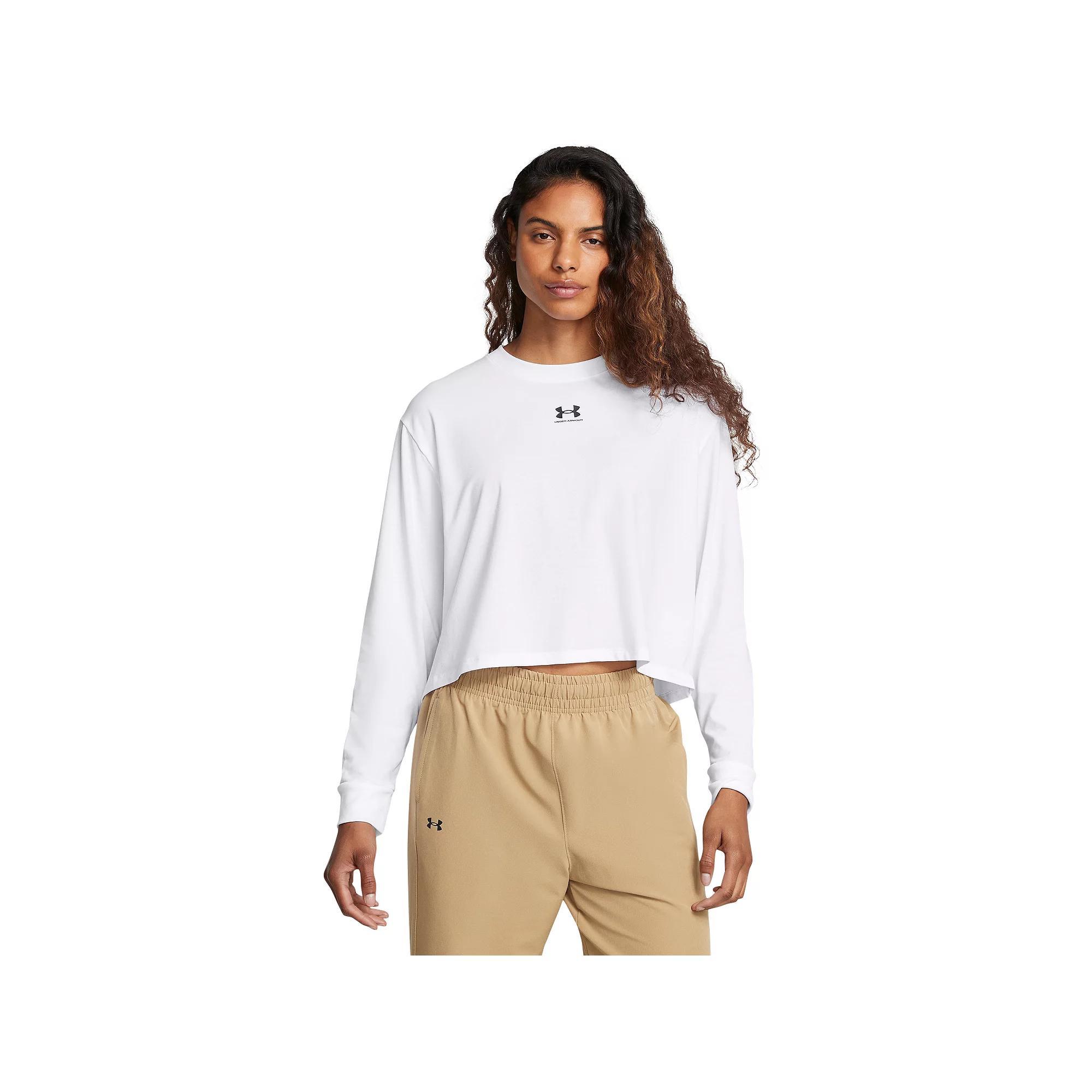 Women's Under Armour Rival Boxy Cropped Long Sleeve Tee, Size: Medium, White Product Image