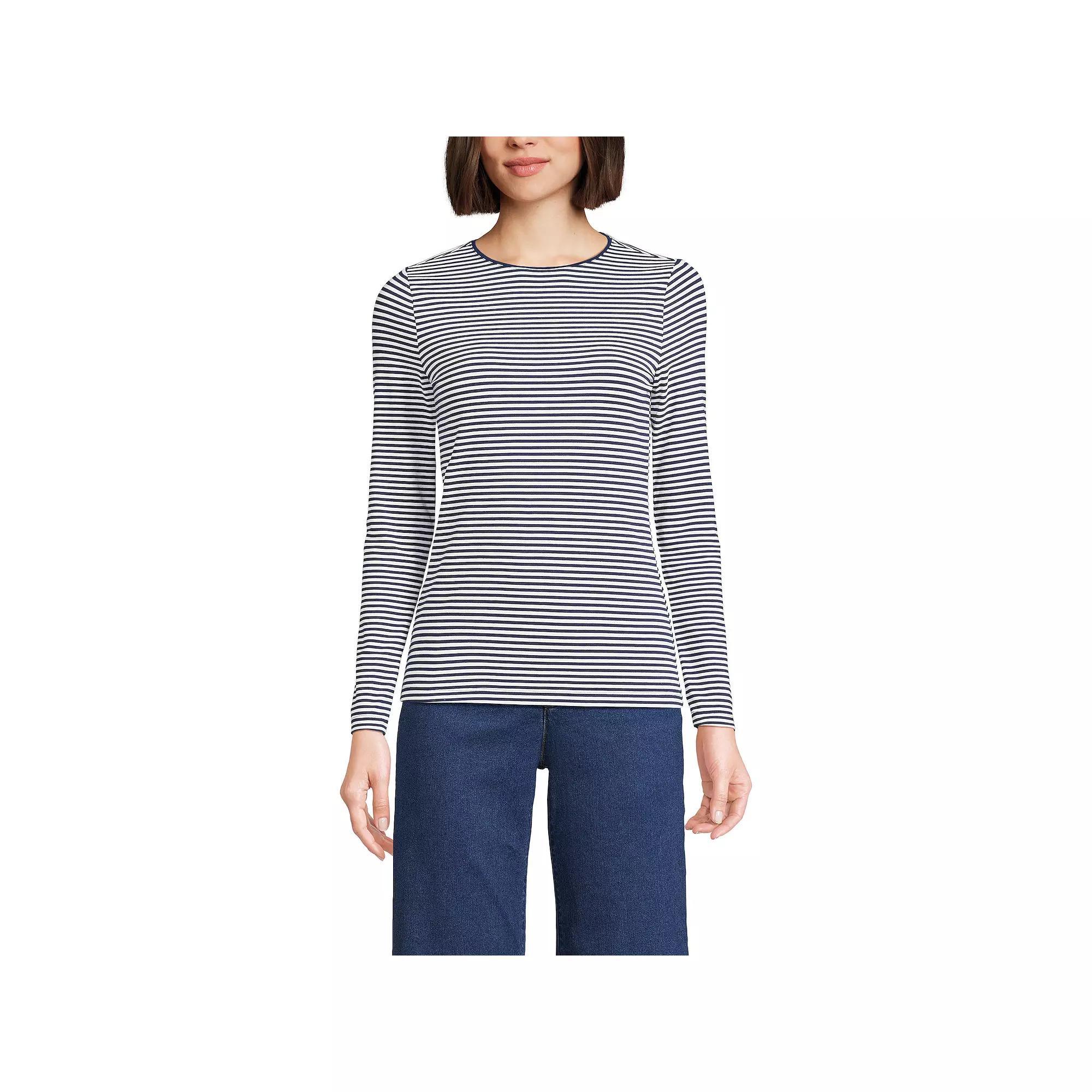 Petite Lands' End Lightweight Jersey Skimming Long Sleeve Crewneck T-shirt, Women's, Size: Medium Petite, Navy White Stripe Product Image