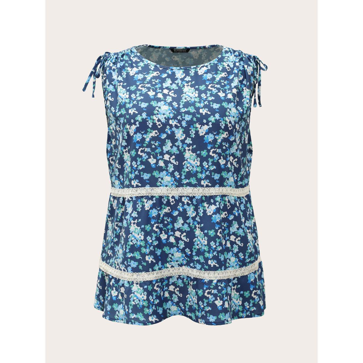 Plus Size Ditsy Floral Drawstring Lace Patchwork Tank Top Women Blue Elegant Cross straps Round Neck Everyday Tank Tops Camis BloomChic 30/6X Product Image