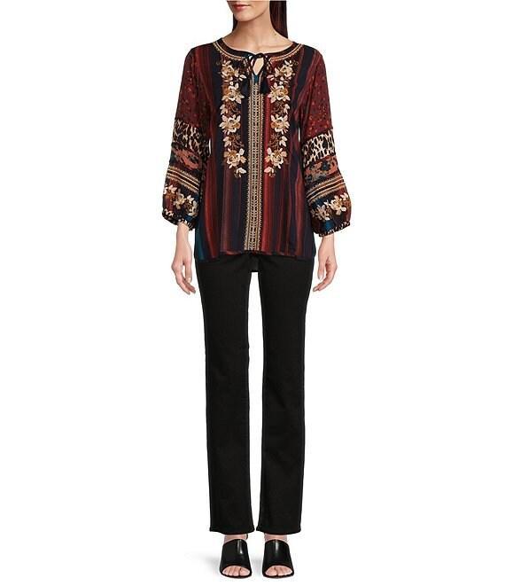 John Mark Mix Print Embroidered Stripe Y-Neck 3/4 Bubble Sleeve Tassel Tie Tunic Product Image
