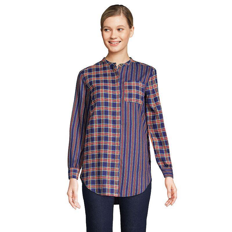 Womens Lands End Flannel A-Line Tunic Top Deep Blue Tartan Product Image