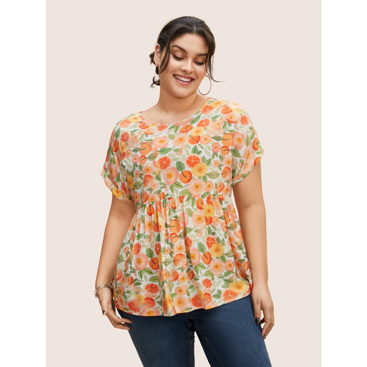 Plus Size Salmon Fruit Print Curved Hem Batwing Sleeve Blouse Women Leisure Cap Sleeve Round Neck Casual Blouses BloomChic 10/M Product Image