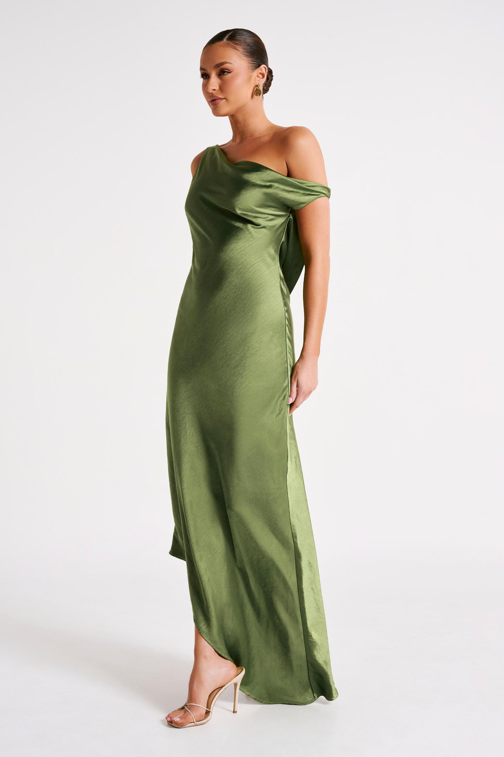 Yvette Slip Maxi Dress With Asymmetrical Hem - Emerald Product Image