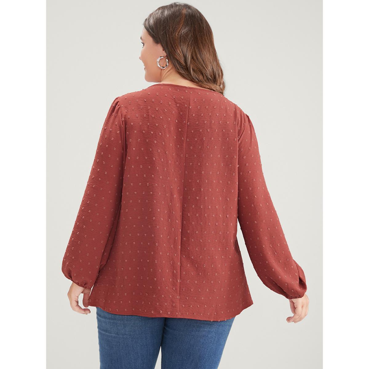Plus Size Russet Solid Button Lantern Sleeve V Neck Blouse Women Elegant Long Sleeve V-neck Dailywear Blouses BloomChic 14-16/1X Product Image