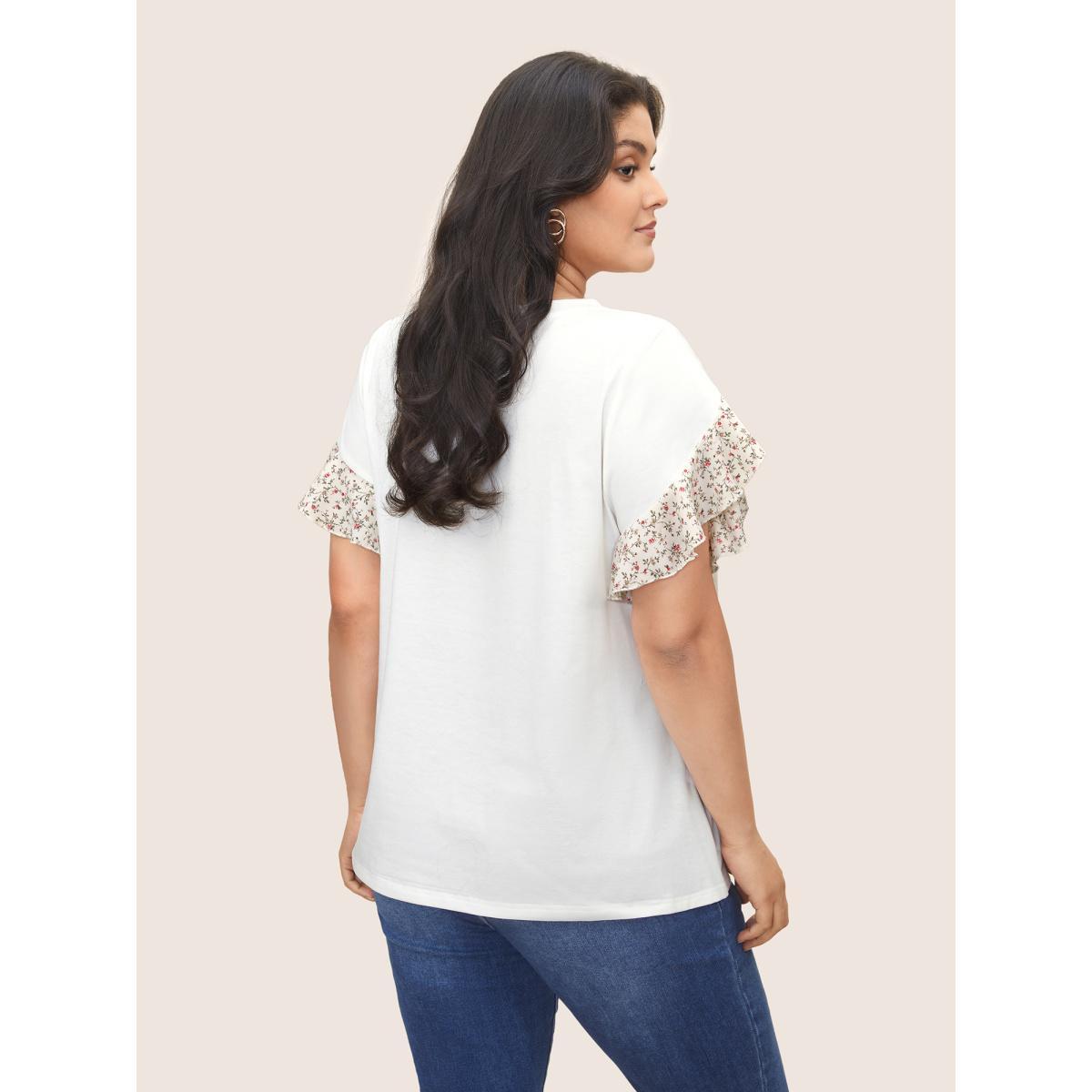 Plus Size Ditsy Floral Patchwork Petal Sleeve T-shirt White Women Elegant Patchwork Round Neck Everyday T-shirts BloomChic 14-16/1X Product Image