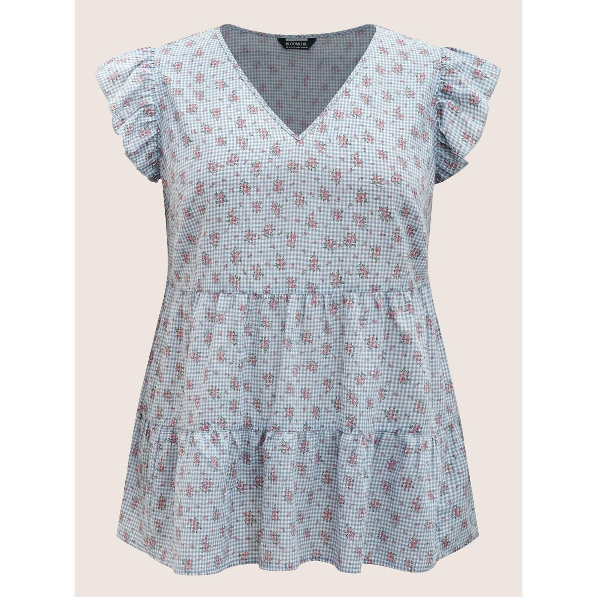 Plus Size LightBlue Gingham Ditsy Floral Ruffle Cap Sleeve Blouse Women Casual Cap Sleeve V-neck Everyday Blouses BloomChic 12/L Product Image