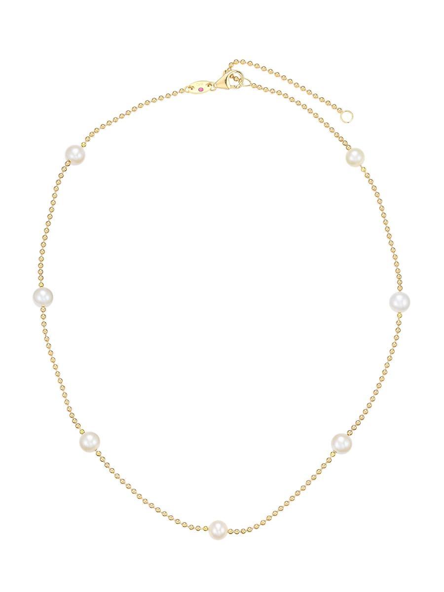 Womens 18K Yellow Gold & 4MM Pearl Station Beaded Chain Necklace Product Image