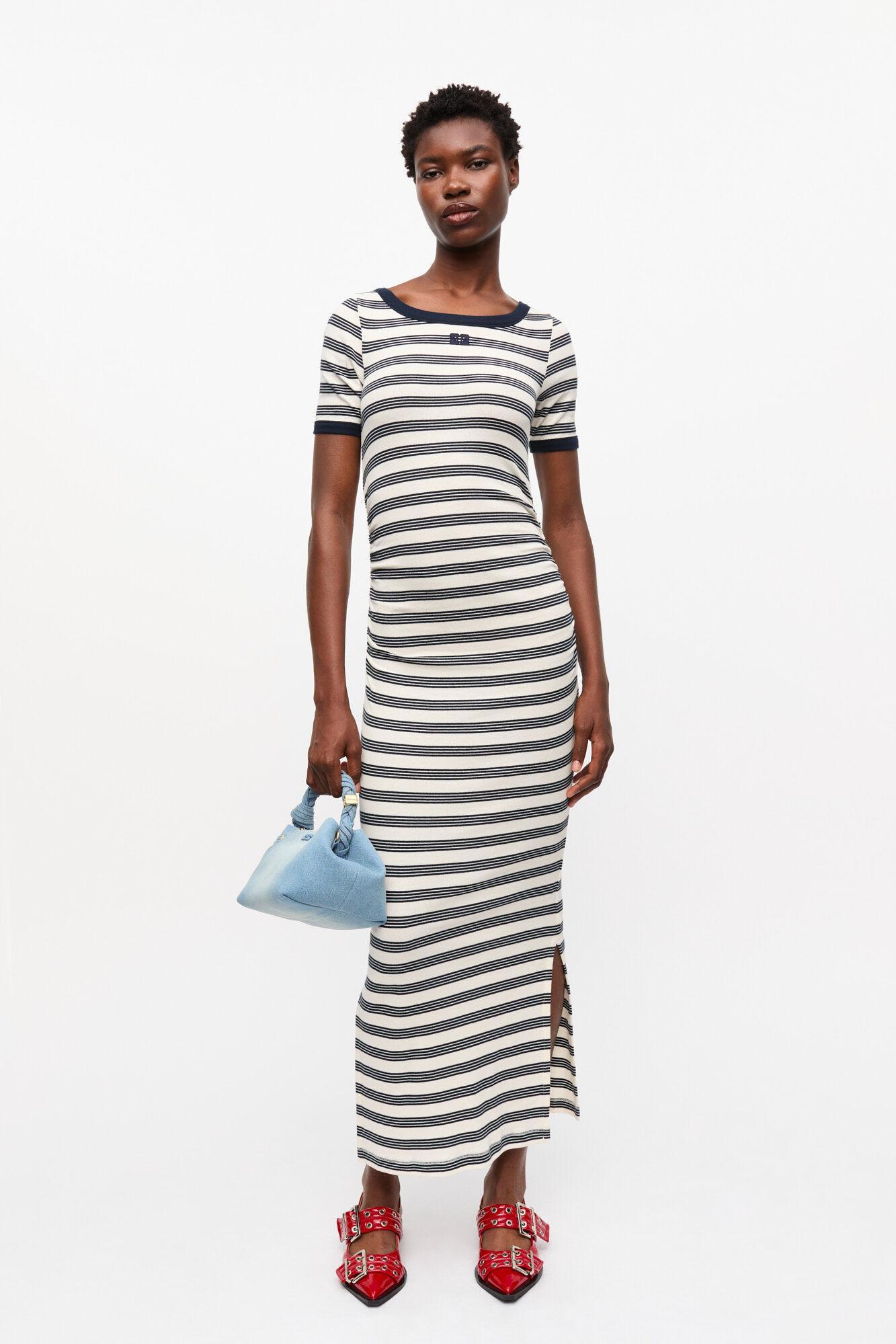 Striped Soft Cotton Rib Short Sleeve Dress Product Image