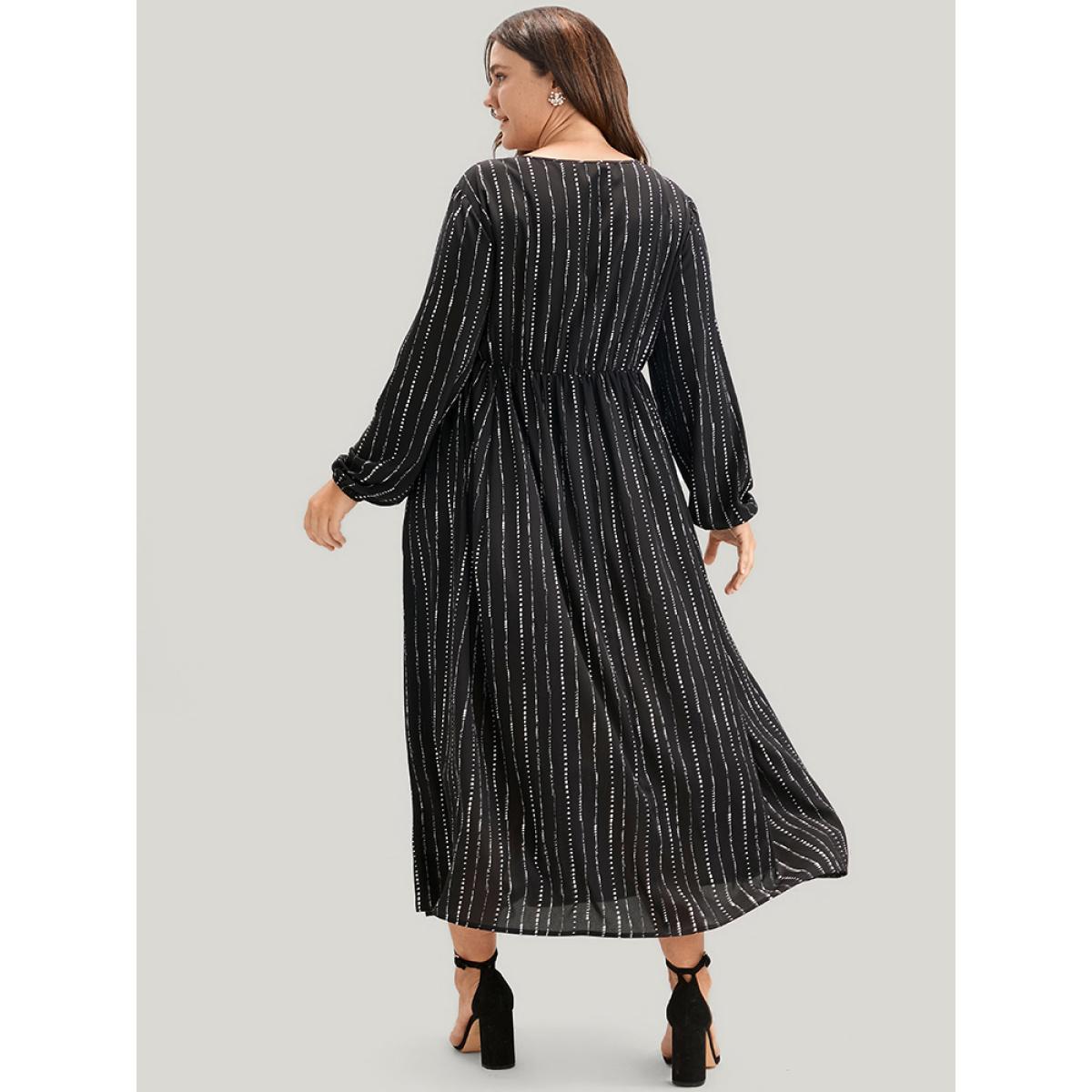 Plus Size Striped Lantern Sleeve Pocket Split Wrap Midi Dress Black Women Elegant Pocket V-neck Long Sleeve Curvy Midi Dress BloomChic 10/M Product Image