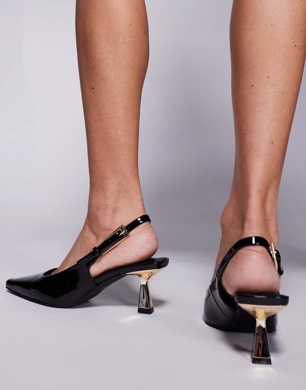 Simmi London June pointed slingback kitten heels in black patent Product Image