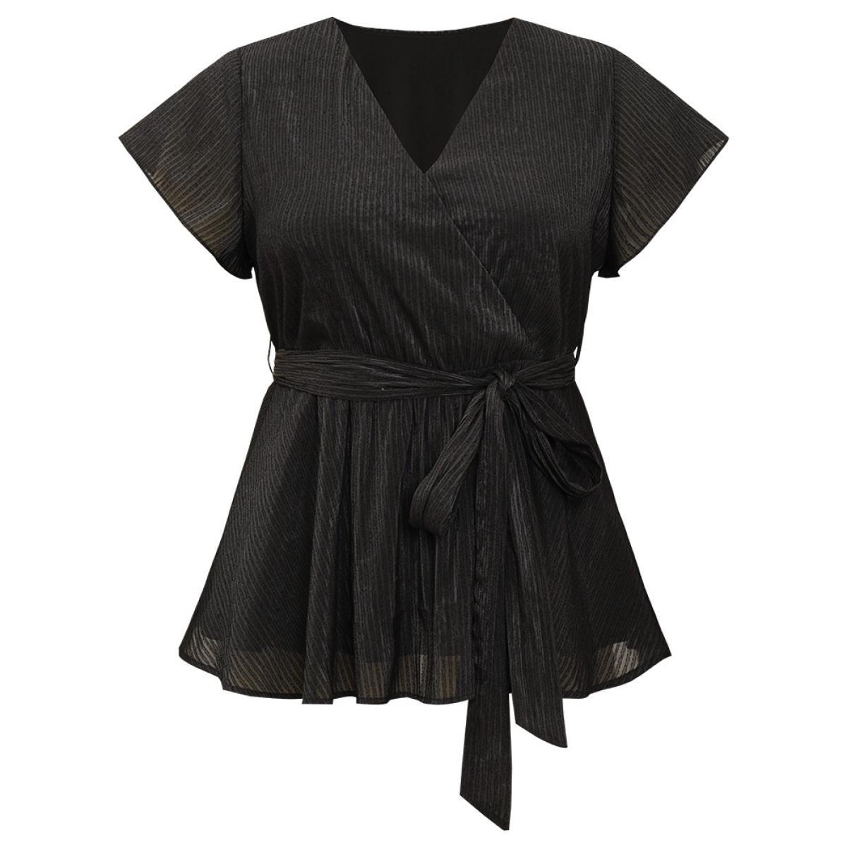 Plus Size Black Plain Plisse Surplice Neck Belted Flutter Blouse Women Elegant Short sleeve V-neck Dailywear Blouses BloomChic 30/6X Product Image