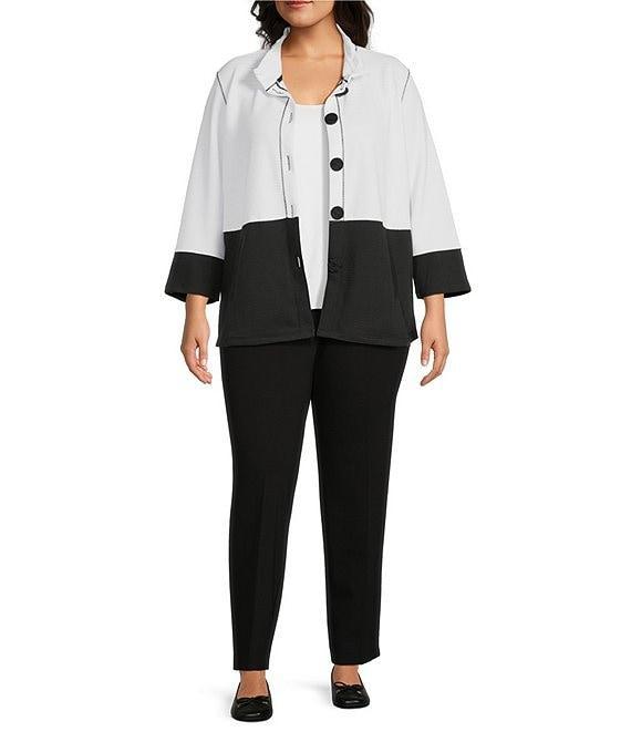 Multiples Plus Size Solid Stripe Jacquard Stand Collar 3/4 Sleeve Fitted Button Front Jacket Product Image