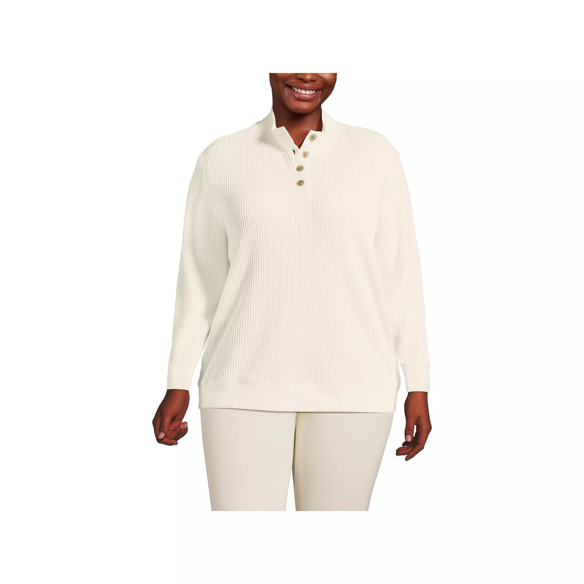 Plus Size Lands' End Waffle Knit Button Placket Top, Women's, Size: 1XL, Fresh Ivory Product Image