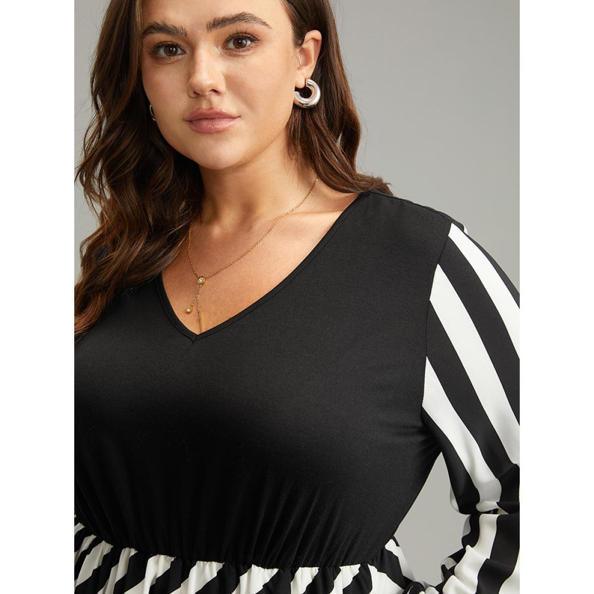 Plus Size Striped Patchwork Elastic Waist Lantern Sleeve Dress Black Women At the Office Elastic cuffs V-neck Long Sleeve Curvy Midi Dress BloomChic 26/4X Product Image