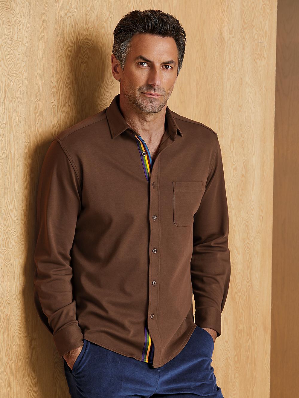 Mercerized Cotton Button Front Polo - Brown Product Image