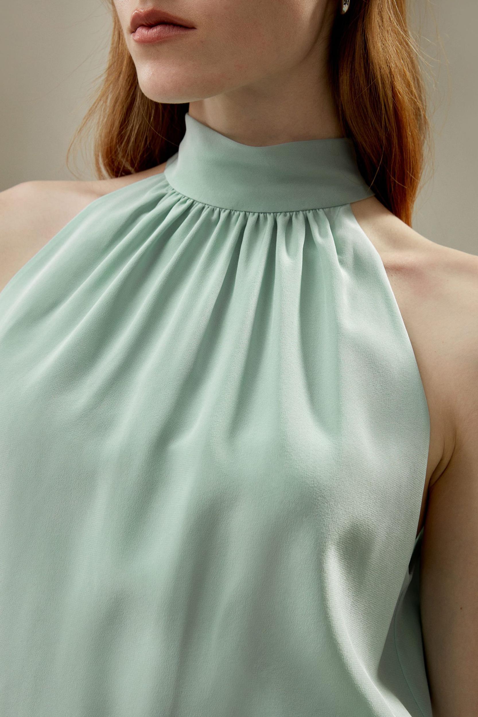 LILYSILK Women's Silk Cr¨ºpe de Chine Pleated Halter Top in Mint Green, Size 4 Product Image