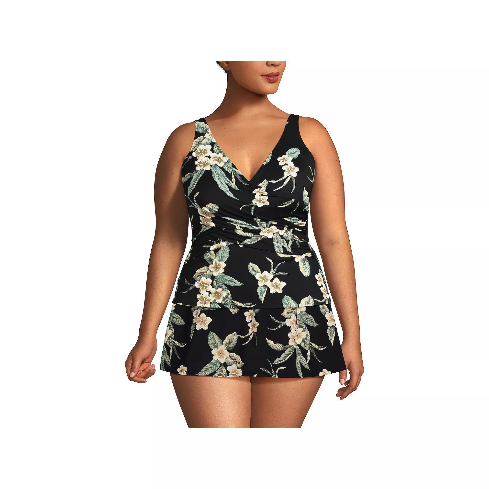 Plus Size Lands' End Slender Suit Wrap Tankini Swim Top, Women's, Size: 24 W, Black Plumeria Product Image