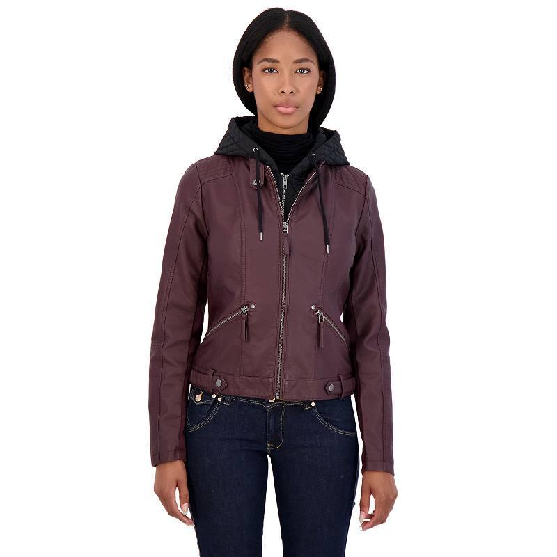 Women's Sebby Collection Hooded Faux-Leather Racing Jacket, Size: Medium, Gray Product Image