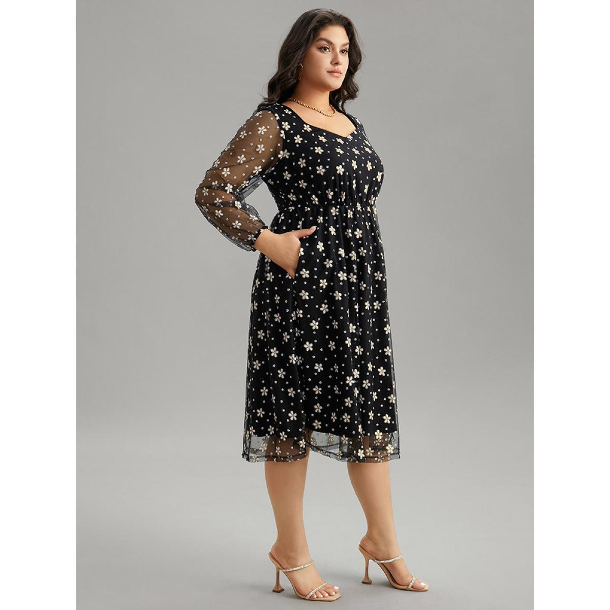 Plus Size Floral Lace Mesh Pocket Elastic Waist Dress Black Women Party Elastic cuffs Square Neck Long Sleeve Curvy Midi Dress BloomChic 30/6X Product Image