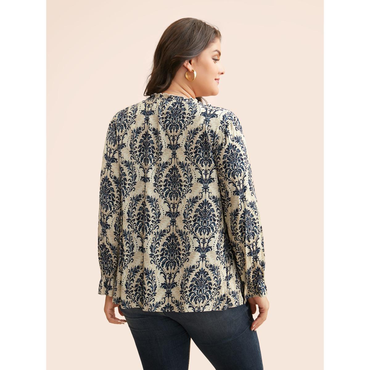 Plus Size Multicolor Boho Print Frill Trim Slit Hem Blouse Women Elegant Long Sleeve Notched collar Everyday Blouses BloomChic 10/M Product Image