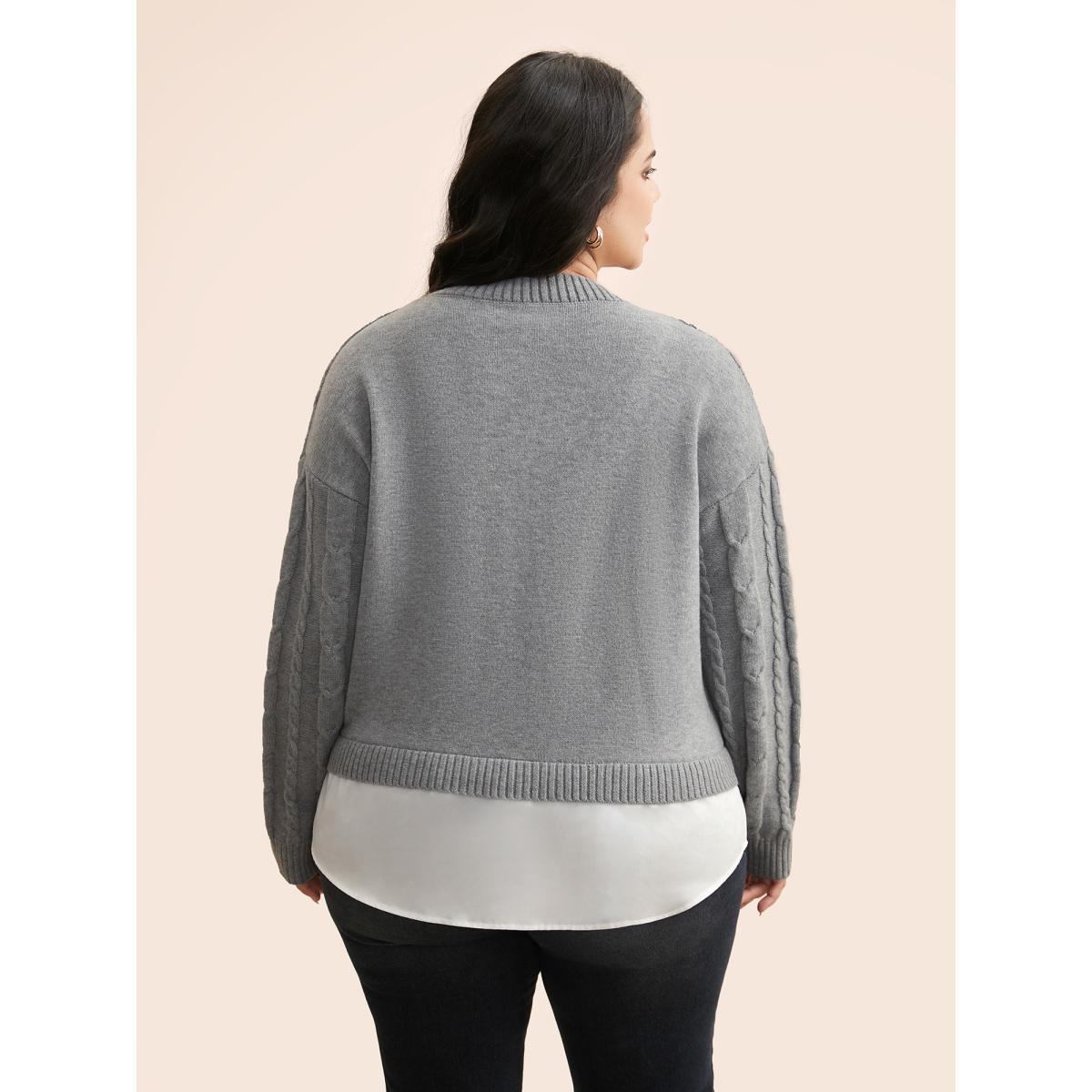 Plus Size Supersoft Essentials Cable Knit Patchwork Pullover DarkGray Women Casual Long Sleeve Round Neck Everyday Pullovers BloomChic 10/M Product Image