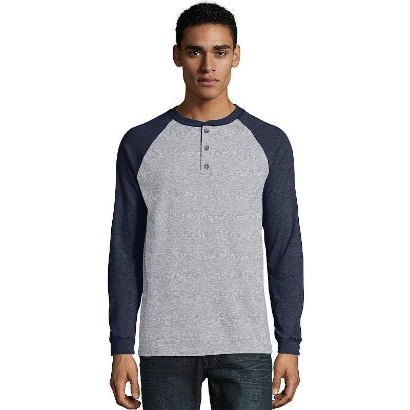 Hanes Beefy-T Mens Long Sleeve Colorblock Henley Oxford Gray/Slate Heather XL Product Image