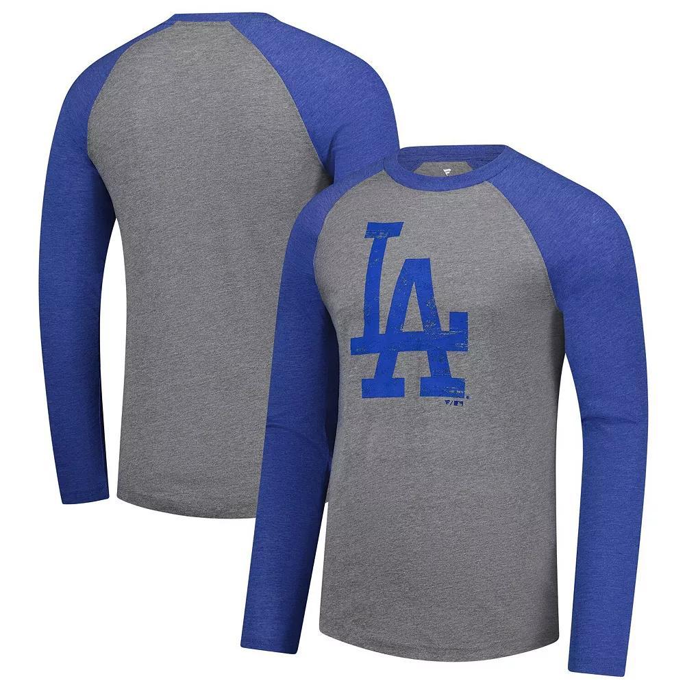 Men's Fanatics Heather Gray/Heather Royal Los Angeles Dodgers Weathered Logo Tri-Blend Raglan Long Sleeve T-Shirt, Size: Small, Grey Product Image