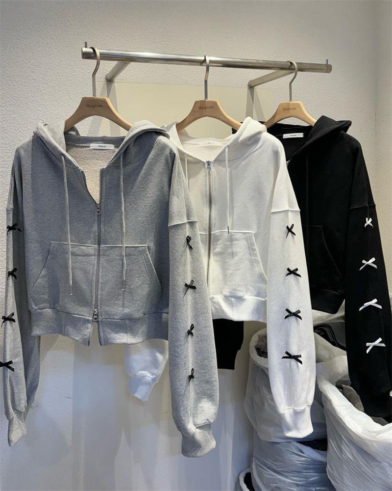 Plain Bow Accent Zip-Up Crop Hoodie Product Image