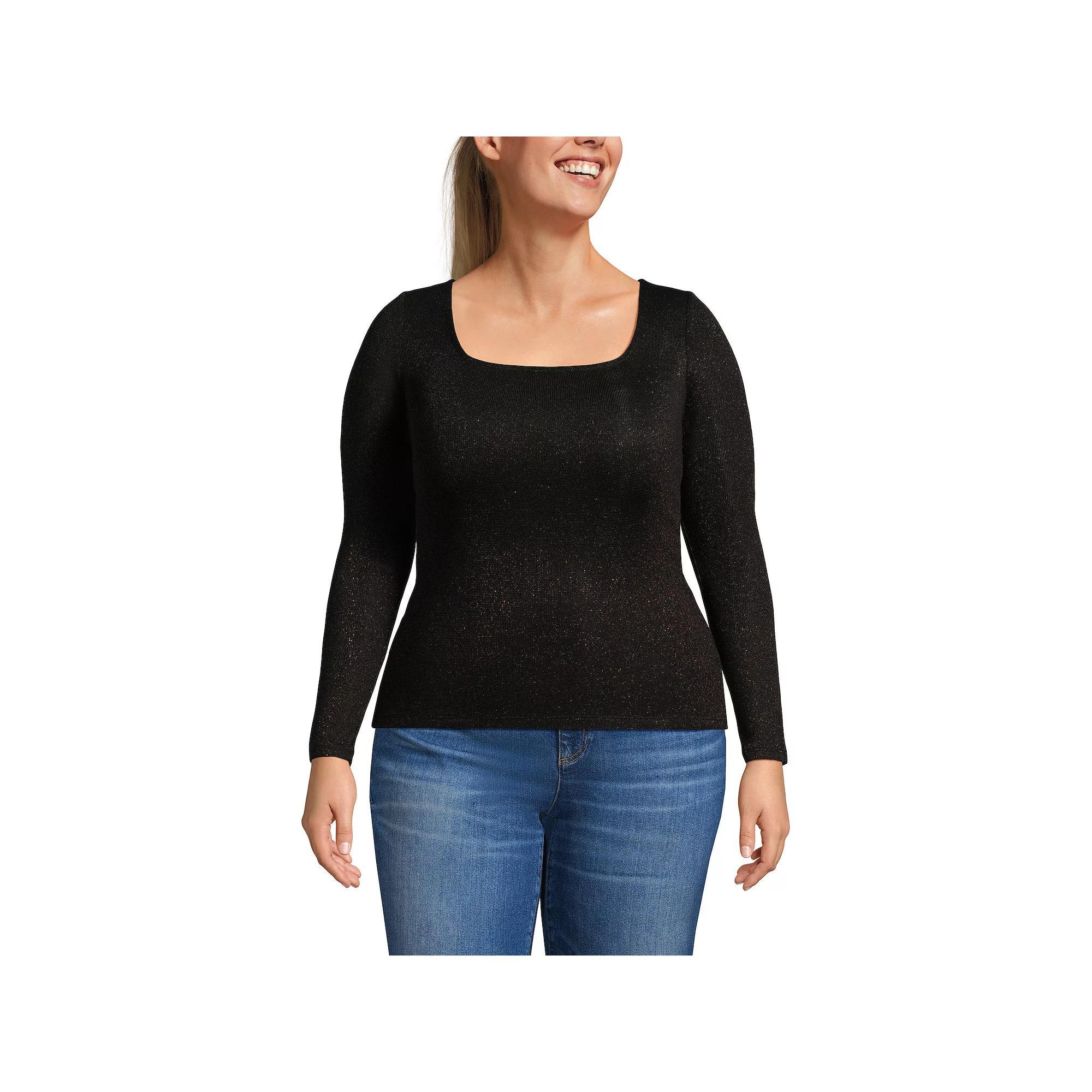 Plus Size Lands' End Long Sleeve Rib Squareneck Tee, Women's, Size: 3XL, Black Shine Product Image