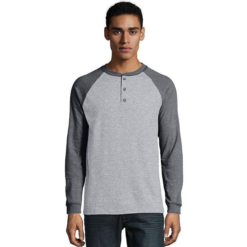 Hanes Beefy-T Mens Long Sleeve Colorblock Henley Oxford Gray/Slate Heather XL Product Image